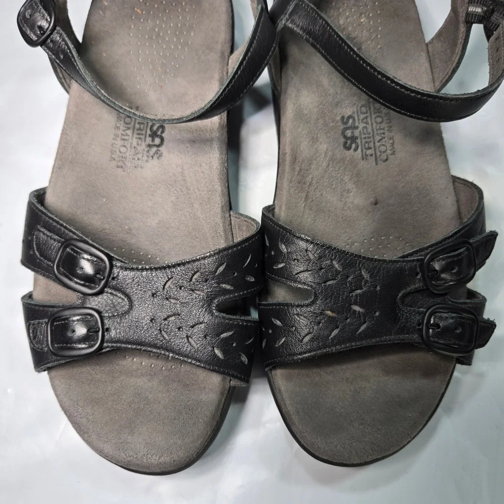 SAS Tripad Comfort Black Leather Wedge Sandals Womens 6.5 WW Wide Made in USA